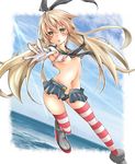  black_panties blonde_hair blush breasts elbow_gloves gloves hairband highres kantai_collection long_hair looking_at_viewer mine1225 navel ocean panties shimakaze_(kantai_collection) skirt small_breasts solo striped striped_legwear thighhighs torn_clothes underboob underwear white_gloves yellow_eyes 