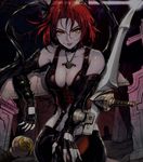  &gt;:) artist_request bare_shoulders black_ribbon blade bloodrayne bloodrayne_(videogame) breasts cleavage collarbone cross elbow_gloves fingerless_gloves gloves graveyard hair_ornament highres jewelry large_breasts lips looking_at_viewer necklace official_art orange_eyes outdoors parted_lips red_hair ribbon short_hair smile solo tombstone tree weapon wide_hips 