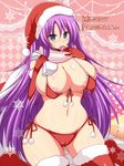  1girl afuro areola_slip areolae bed bikini blue_eyes breasts cameltoe christmas condom condom_in_mouth curvy elbow_gloves erect_nipples faris_scherwiz female final_fantasy final_fantasy_v gloves hat huge_breasts kneeling long_hair mouth_hold navel purple_hair red_bikini santa_hat solo swimsuit thighhighs 
