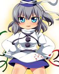  ass_visible_through_thighs bad_id bad_pixiv_id blue_eyes chibi cowboy_shot doyagao eyebrows_visible_through_hair green_ribbon hands_on_hips hat high_collar highres japanese_clothes kariginu long_sleeves looking_at_viewer miniskirt mononobe_no_futo motsu_(selshia12) parted_lips red_ribbon ribbon ribbon-trimmed_sleeves ribbon_trim short_hair silver_hair simple_background skirt sleeves_past_wrists smug solo sparkle tate_eboshi touhou triangle_mouth v-shaped_eyebrows wind wind_lift yellow_background 