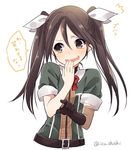  brown_eyes brown_gloves brown_hair commentary_request elbow_gloves gloves hair_ribbon hand_to_own_mouth ica kantai_collection laughing long_hair looking_at_viewer pointing ribbon smile solo tone_(kantai_collection) translated twintails twitter_username white_ribbon 