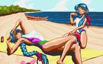  90s beach beach_towel blue_hair boat bow braid casual_one-piece_swimsuit cloud day dithering dual_persona facial_mark forehead_mark hair_bow hand_to_head happy kneeling long_hair lying masaki_sasami_jurai multiple_girls one-piece_swimsuit outdoors pink_eyes pixel_art sand sky smile spiked_hair sunglasses swimsuit tenchi_muyou! tongue tongue_out towel tsunami_(tenchi_muyou!) very_long_hair water watercraft waves 