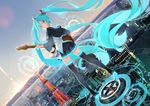  39 aqua_eyes aqua_hair beek boots character_name city dutch_angle electric_guitar from_behind guitar hatsune_miku highres instrument landmark long_hair looking_back sapporo_tv_tower skirt solo thigh_boots thighhighs twintails very_long_hair vocaloid 