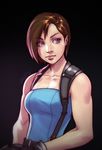  bangs bare_shoulders black_background blue_eyes breasts brown_hair earrings eyelashes gloves highres jewelry jill_valentine lips md5_mismatch medium_breasts resident_evil resident_evil_3 robert_porter short_hair solo stud_earrings suspenders toned upper_body 