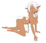  aisha_clanclan all_fours animal_ears barefoot bell bell_collar braid breasts cat_ears circlet cleavage collar dark_skin facial_mark fangs jingle_bell large_breasts le_mishie long_hair nipples outlaw_star panties single_braid smile solo topless underwear underwear_only white_panties 