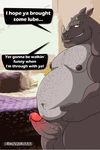  balls bed belly biceps chubby dialog erection grin hairy horn humanoid_penis looking_at_viewer lovkuma male mammal muscles overweight penis precum red_eyes retracted_foreskin rhinoceros solo text thick_penis uncut 