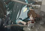  blood blue_blood blue_skin brown_eyes brown_hair cannon clenched_teeth damaged empty_eyes giantess hair_ribbon imai_tetsuya ise_(kantai_collection) japanese_clothes kantai_collection machinery multiple_girls ponytail ribbon ru-class_battleship shinkaisei-kan size_difference skin_tight teeth torn_clothes turret white_eyes 