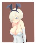  animal_ears atg_(wttoo0202) bad_id bad_pixiv_id bare_shoulders blonde_hair blue_eyes blush breasts bunny_ears bunny_girl bunnysuit cleavage covered_navel elbow_gloves gloves hair_over_one_eye hamakaze_(kantai_collection) highres kantai_collection large_breasts leotard looking_at_viewer pantyhose short_hair simple_background solo white_gloves 