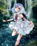  animal_ears bare_shoulders blue_hair brown_eyes detached_sleeves dress forest nature original pisuke solo water white_dress 