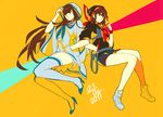  adapted_costume allenkung1 boots hand_in_pocket hood junketsu kill_la_kill kiryuuin_satsuki long_hair matoi_ryuuko multiple_girls senketsu shoes short_hair shorts sneakers thigh_boots thighhighs 