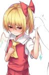  1girl ascot bangs blonde_hair blush borushichi bow breasts clenched_hand commentary_request cowboy_shot crystal eyebrows_visible_through_hair fang_out flandre_scarlet grabbing hair_between_eyes hair_bow half-closed_eyes hand_on_own_chest hand_up highres looking_at_viewer no_hat no_headwear nose_blush one_side_up penis penis_grab pointy_ears red_bow red_eyes red_skirt red_vest shirt short_hair short_sleeves simple_background skirt skirt_set small_breasts solo sweat touhou vest white_background white_shirt wings yellow_neckwear 