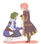  1girl ahoge alternate_eye_color azur_(fire_emblem) black_gloves boots brother_and_sister crying crying_with_eyes_open earrings english faulds fingerless_gloves fire_emblem fire_emblem:_kakusei flower gloves green_hair haruno_(toddy) hood hooded_jacket jacket jewelry leg_armor long_sleeves mark_(female)_(fire_emblem) mark_(fire_emblem) pink_hair profile puffy_sleeves shadow short_hair siblings simple_background smile squatting tears white_background white_skin wide_sleeves 