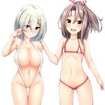  :d bikini blue_eyes blush breasts cleavage covered_nipples flat_chest hair_between_eyes hair_ornament hairclip hamakaze_(kantai_collection) headband kantai_collection large_breasts looking_at_viewer micro_bikini multiple_girls navel open_mouth ponytail short_hair silver_hair simple_background slingshot_swimsuit smile swimsuit uni8 white_background zuihou_(kantai_collection) 