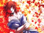  breasts cleavage floral_background flower hair_over_one_eye japanese_clothes kimono large_breasts lying off_shoulder onozuka_komachi red_eyes red_hair rose samuimu sash solo touhou two_side_up 