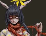  bemani blood blood_on_clothes blood_on_face blue_hair braided_hair brown_background clothed clothing dripping female flower gore guts hair hair_ornament hime_cut holding konami looking_at_viewer pale_skin pinwheel plain_background pop&#039;n_music pop'n_music portrait rabbit_ears raised_arm red_eyes ringe scarf shyaka_mimi smile 