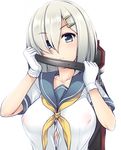  blue_eyes blush breasts cleavage covered_nipples gloves hair_ornament hair_over_one_eye hairclip hamakaze_(kantai_collection) kantai_collection large_breasts looking_at_viewer no_bra school_uniform serafuku short_hair short_sleeves silver_hair simple_background solo uni8 white_background white_gloves 