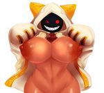  &gt;_o animal_ears animal_hood areolae bad_id bad_tumblr_id blazblue blonde_hair bottomless bouncing_breasts braid breasts cat_ears cat_hood cat_tail dark_nipples dark_skin gloves grin hood hoodie huge_breasts huge_nipples large_areolae long_hair mato_spectoru nipples one_eye_closed out-of-frame_censoring paw_gloves paw_pose paws red_eyes sharp_teeth smile solo tail taokaka teeth twin_braids undressing 