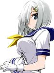  between_breasts blue_eyes blush breasts gloves hair_ornament hair_over_one_eye hairclip hamakaze_(kantai_collection) kantai_collection large_breasts looking_at_viewer sasayuki school_uniform serafuku short_hair short_sleeves silver_hair simple_background solo strap_cleavage white_background white_gloves 