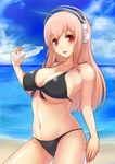  beach bikini black_bikini blush bottle breasts cleavage day front-tie_bikini front-tie_top headphones highres large_breasts long_hair looking_at_viewer nitroplus ocean open_mouth outdoors pink_hair red_eyes solo super_sonico swimsuit water water_bottle yashichii 