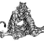  barbs blotch duo erection eyes_closed feline gay hand_on_back hindpaw hug kneeling male mammal monochrome nude paws penis plain_background stripes tiger traditional_media uncolored whiskers white_background 