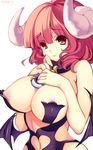  areola_slip areolae bat_wings blush breasts cleavage collar demon_girl horns la_pucelle large_breasts maou_prier prier red_eyes red_hair simple_background solo upper_body white_background wings yadamon_(neverland) 