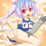  blue_hair fang i-19_(kantai_collection) kantai_collection long_hair marimo_(artist) one-piece_swimsuit red_eyes school_swimsuit solo star star-shaped_pupils swimsuit symbol-shaped_pupils torpedo twintails 