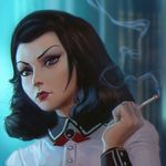  alternate_hairstyle bioshock bioshock_infinite black_hair blue_eyes cigarette elizabeth_(bioshock_infinite) eyebrows eyelashes eyeliner ilya_kuvshinov lips lipstick long_hair looking_at_viewer makeup nose smoking solo 