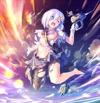  bad_id bad_pixiv_id barefoot black_legwear blue_eyes breasts cannon full_body gloves hair_ornament hairclip hamakaze_(kantai_collection) kantai_collection magenta_(atyana) medium_breasts navel no_panties open_mouth pantyhose pleated_skirt skirt solo thigh_strap torn_clothes turret white_gloves white_hair wince 