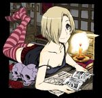  bags_under_eyes blonde_hair blush book camisole candle earrings hair_over_one_eye idolmaster idolmaster_cinderella_girls jewelry looking_at_viewer lying magic_circle nobita on_stomach red_eyes shirasaka_koume short_hair skull smile solo striped striped_legwear thighhighs 