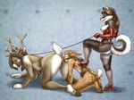  anthro antlers avoid_posting bipedal blue_background blue_eyes breasts bridle brown_eyes brown_fur brown_hair butt butt_heart canine caribou cervine cloven_hooves conditional_dnp corset countershade_tail countershading digital_media_(art) dog domination elbow_gloves eyes_closed female female_domination fluffy_tail forced full-length_portrait fur garter_belt garter_straps gloves gloves_(marking) grey_fur group hair harness high_heels horn husky kneeling leaning leaning_forward leash licking licking_lips male mammal markings moodyferret nude pattern_background plain_background pussy reindeer sheer_socks short_tail side_view signature size_difference socks_(marking) standing stockings striped_tail thigh_highs thigh_socks tongue white_countershading white_markings 