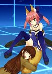  animal_ears closed_eyes fate/extra fate_(series) fox_ears fox_tail hair_ribbon kishinami_hakuno_(female) long_hair multiple_girls open_mouth pink_hair ribbon tail tail_hug tamamo_(fate)_(all) tamamo_no_mae_(fate) yuri 