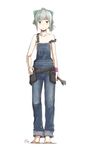  bangs barefoot bow brown_eyes dated full_body hair_bow hand_on_hip kantai_collection kawashina_(momen_silicon) looking_at_viewer naked_overalls overalls ponytail signature simple_background solo tiptoes tool_belt white_background wrench wristband yuubari_(kantai_collection) 