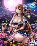  breasts brown_hair bunny choker cleavage dress earrings fantasy field flower flower_field full_moon green_eyes jewelry long_hair medium_breasts moon original petals pisuke polearm red_moon ribbon_choker smile solo squatting striped striped_dress very_long_hair weapon 