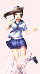  bad_id bad_pixiv_id black_hair blush bow brown_eyes cherry_blossoms hair_bow jongmin letter long_hair looking_at_viewer love_plus navel ponytail school_uniform serafuku smile solo takane_manaka wind 