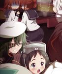  black_hair brown_hair diving_mask diving_mask_on_head eyepatch fang folded_ponytail green_hair grin hat highres ikazuchi_(kantai_collection) inazuma_(kantai_collection) kantai_collection kiso_(kantai_collection) maru-yu_(kantai_collection) matanonki multiple_girls open_mouth remodel_(kantai_collection) scared school_swimsuit school_uniform serafuku short_hair smile swimsuit wavy_mouth 
