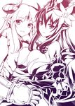  bare_shoulders breast_press breasts ff_gradient flower gauntlets gradient grin hair_flower hair_ornament horns large_breasts long_hair looking_at_viewer monochrome multiple_girls mushi024 persephone_(p&amp;d) pointy_ears puzzle_&amp;_dragons smile symmetrical_docking tiara wicked_lady_(p&amp;d) 