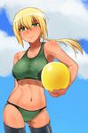  abs ball blonde_hair breasts cameltoe cloud covered_nipples day green_eyes hanna_rudel highres kunashiri_(etorofu) large_breasts midriff navel ponytail scar solo swimsuit tan tankini tanline thighhighs world_witches_series 