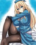  1girl abe_inori atago_(kantai_collection) bed blonde_hair blue_eyes breasts female huge_breasts kantai_collection leg_lift legs long_hair looking_at_viewer military military_uniform pantyhose sitting skirt smile solo uniform 