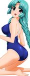  :d absurdres ass barefoot braid canal_vorfeed competition_school_swimsuit green_hair highres kneeling long_hair looking_at_viewer lost_universe one-piece_swimsuit open_mouth purple_eyes school_swimsuit smile sugimura_tomokazu swimsuit 