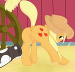  absurd_res animal_genitalia anus applejack_(mlp) blonde_hair butt cowboy_hat cum cutie_mark equine female fluttersocks friendship_is_magic fur green_eyes hair hair_over_eye hat hi_res horse horsecock imminent_sex looking_back male mammal my_little_pony orange_fur penis pony presenting pussy raised_tail smile straight 