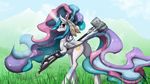  absurd_res alternate_hairstyle amazon cloud cutie_mark equine feather friendship_is_magic fur grass hammer hi_res horn horse looking_back magic mammal my_little_pony pony princess_celestia_(mlp) purple_eyes shaadorian solo spikes thunder_hammer warhammer weapon white_fur winged_unicorn wings 