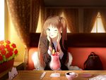  :p aconitea backlighting backpack bad_id bad_pixiv_id bag blazer blonde_hair blurry blush booth cup curtains depth_of_field flower food fur fur_coat fur_trim grey_eyes hair_bobbles hair_ornament hands_on_own_face highres holding holding_hair ice_cream jacket long_hair looking_at_viewer menu napkin okamoto_miyu one_eye_closed pocky pov_across_table pov_dating saucer school_uniform seat shirt spoon sundae table tongue tongue_out twintails wake_up_girls! white_shirt 