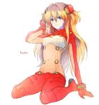  blue_eyes blush bodysuit full_body hair_ornament long_hair mozzu multicolored multicolored_bodysuit multicolored_clothes neon_genesis_evangelion orange_bodysuit orange_hair plugsuit rebuild_of_evangelion red_bodysuit shikinami_asuka_langley solo souryuu_asuka_langley test_plugsuit 