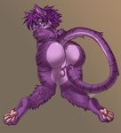  balls blithedragon butt cat feline fur green_eyes hair looking_at_viewer looking_back male mammal muzzl nude paws plain_background presenting presenting_hindquarters purple_fur purple_hair shadow short_hair solo 
