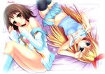  arm_up bed bed_sheet black_legwear blonde_hair blue_eyes blue_skirt blush breasts brown_eyes brown_hair camisole cleavage copyright_name covered_nipples from_above kirisaki_chitoge long_sleeves lying medium_breasts multiple_girls natsumikan navel nisekoi no_pants on_back on_bed onodera_kosaki open_clothes open_shirt open_skirt pleated_skirt school_uniform shirt shirt_lift shirt_pull side_slit skirt smile thighhighs zettai_ryouiki 