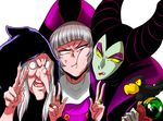  2girls :t anger_vein bad_id bad_pixiv_id cheek_squash claude_frollo disney eyeshadow girl_sandwich green_skin grey_hair hat hood horns jewelry long_nose makeup maleficent marimo_(yousei_ranbu) multiple_girls old_woman one_man's_dream_ii ring sandwiched self_shot the_hunchback_of_notre_dame v white_hair witch witch_(snow_white) yellow_sclera younger 