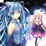  aqua_eyes aqua_hair braid detached_sleeves hair_ribbon hatsune_miku highres ia_(vocaloid) kneehighs long_hair multiple_girls nametakenoko necktie purple_eyes ribbon single_kneehigh single_thighhigh skirt thighhighs twintails very_long_hair vocaloid 