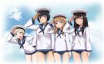  :d alternate_costume black_hair blonde_hair blue_eyes brown_eyes cloud day federica_n_doglio fernandia_malvezzi green_eyes hat kaneko_(novram58) long_hair luciana_mazzei martina_crespi military military_hat military_uniform multiple_girls one_eye_closed open_mouth sailor_hat salute silhouette_demon sky smile swimsuit swimsuit_under_clothes uniform world_witches_series 