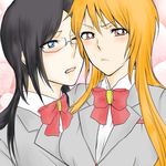  2girls black_hair bleach blush breasts female genderswap glasses ishida_uryuu kurosaki_ichigo long_hair multiple_girls orange_hair school_uniform 