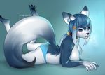  abstract_background anthro blue_eyes blue_hair breasts canine dog female gradient_background hair husky hybrid lying mammal solo suto three_toes topless wolf 